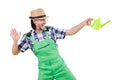 Funny gardener with watering can isolated Royalty Free Stock Photo