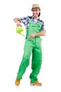 Funny gardener with watering can isolated Royalty Free Stock Photo