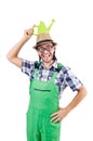 Funny gardener with watering can isolated Royalty Free Stock Photo