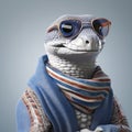 Funny Gecko In Blue Coat With Scarf And Glasses