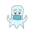 Funny ghost mascot with covid face mask. Crazy drawing of a blue halloween spirit character