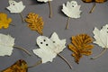 Funny ghosts drawn on the leaves of a poplar tree