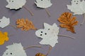 Funny ghosts drawn on the leaves of a poplar tree