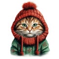 Funny ginger cat wearing warm handmade knitted hat and sweater. Cute watercolor kitten isolated on white background. Royalty Free Stock Photo