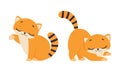 Funny Ginger Kitten with Striped Tail Stretching Its Body and Giving Paw Vector Illustration Set