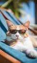 funny ginger shorthair cat wears sunglasses and lying on the beach in summer