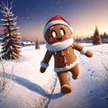 Funny gingerbread man in santa hat running on snowy field