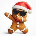 Funny Gingerbread man wearing santa claus hat and sunglasses, doing the Dab dance