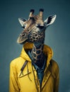 Funny giraffe with casual clothes. A tall animal wearing a yellow and fashion coat. Generative AI