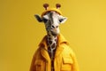 Funny giraffe with casual clothes. A tall animal wearing a yellow and fashion coat. Generative AI