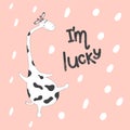 A card for a good mood. Sketch of cartoon character. Dancing giraffe