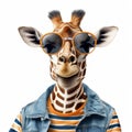 Funny Giraffe Posing In Sunglasses And Striped Outfit