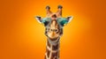 Funny giraffe in sunglasses in trendy style on yellow background. Portrait summer. Pet care, generated AI