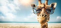 Funny giraffe with sunglasses on the tropical beach. Travel background with silly animal on summer holiday Royalty Free Stock Photo