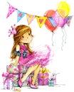 Funny girl and birthday holiday background. watercolor illustration Royalty Free Stock Photo