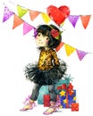 Funny girl and birthday holiday background. watercolor illustration