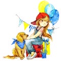 Funny girl and birthday holiday background. watercolor illustration Royalty Free Stock Photo