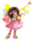Funny girl and birthday holiday background. watercolor illustration Royalty Free Stock Photo