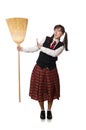 Funny girl with broom isolated on white