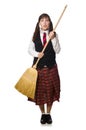 The funny girl with broom isolated on white