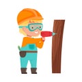 Funny Girl Builder in Hard Hat and Overall Drilling Hole in Wood Vector Illustration Royalty Free Stock Photo