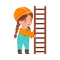 Funny Girl Builder in Hard Hat and Overall Holding Wooden Ladder Vector Illustration