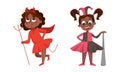 Funny Girl Dressed in Halloween Devil and Harlequin Costume Vector Illustration Set