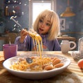 funny cute girl eats breakfast.3d illustration