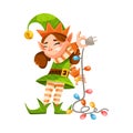 Funny Girl Elf Character Plug Light Garland Vector Illustration