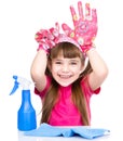 Funny girl with equipment for cleaning the house. isolated on white Royalty Free Stock Photo