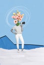 Funny girl with flowers instead head sharing novelty information loud speaker conceptual shopping card billboard collage