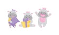 Funny Girl Hippopotamus Wearing Bow on Her Head Holding Gift Box and Jumping with Joy Vector Set Royalty Free Stock Photo