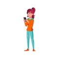 funny girl make order food online on cellphone cartoon vector