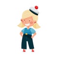 Funny Girl in Mariner Striped Vest and Peakless Hat Standing and Smiling Vector Illustration Royalty Free Stock Photo