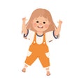 Funny Girl in Orange Jumpsuit Pointing at Something with Extending Hand and Index Finger Vector Illustration