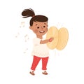 Funny Girl with Ponytail Playing Cymbal Musical Instrument Performing on Stage Vector Illustration
