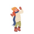 Funny girl preschool child cartoon character trying to taste snowflake catching snow with mouth