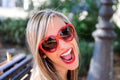 Funny girl with red heart glasses Royalty Free Stock Photo