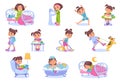 Funny girl daily routine. Everyday kids activities. Little child awakening and doing exercises. Hygiene and studying Royalty Free Stock Photo