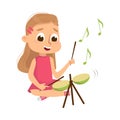 Funny Girl Sitting and Playing Drum Vector Illustration