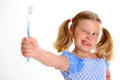 Funny girl with space width and toothbrush Royalty Free Stock Photo