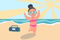 Funny girl on summer holidays. Cartoon teenager raising hands in greeting gesture. Smiling woman relaxing on beach. Sea Royalty Free Stock Photo