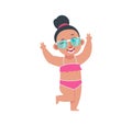 Funny girl on summer holidays. Cartoon teenager raising hands in greeting gesture. Smiling young woman relaxing on beach Royalty Free Stock Photo