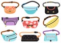 Funny girl waist bag. Wallets bags accessories, cool fashion packed for different things. Cartoon unisex purse, colorful Royalty Free Stock Photo