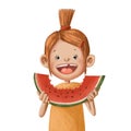 Funny girl with watermelon, watercolor illustration with cartoon character, summer caricature Royalty Free Stock Photo