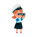 Funny Girl Wearing Mariner Costume and Forage Cap Looking in Binocular Vector Illustration