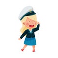 Funny Girl Wearing Mariner Costume and Forage Cap Saluting Vector Illustration