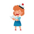 Funny Girl Wearing Mariner Costume and Peakless Hat Holding Paper Boat Vector Illustration Royalty Free Stock Photo
