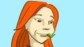 Funny girl with wide open eyes. Red haired young woman portrait in cartoon style