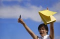 Funny girl with a yellow noteb Royalty Free Stock Photo